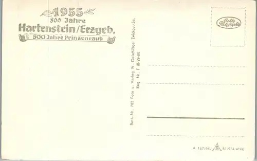 43146 - Deutschland - Hartenstein , Markt mit Fleming Denkmal , An der Prinzenhöhle , Bergarbeiter Heim - nicht gelaufen 1955