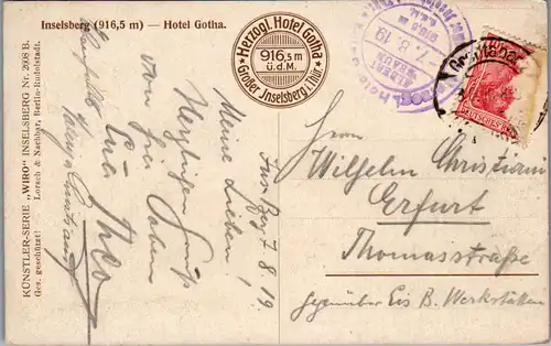 43519 - Deutschland - Großer Inselsberg , Hotel Gotha - gelaufen 1919