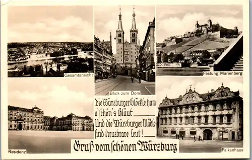 43589 - Deutschland - Würzburg , Falkenhaus , Festung , Dom , Residenz , Mehrbildkarte - gelaufen 1952