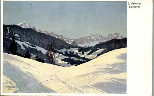 43632 - Künstlerkarte - Garmisch Partenkirchen , Skispuren , signiert J. Hellmann 1913 - nicht gelaufen