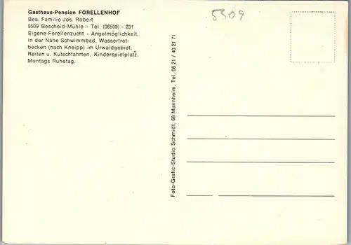 43949 - Deutschland - Bescheid Mühle , Gasthaus Pension Forellenhof , Bes. Fam. Jos. Robert - nicht gelaufen