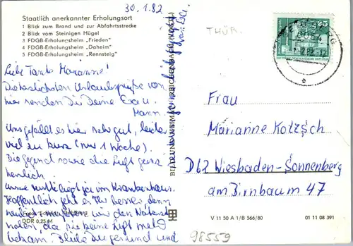 43984 - Deutschland - Gehlberg , Kr. Suhl , Erholungsheim Frieden , Daheim , Rennsteig , Mehrbildkarte - gel. 1982