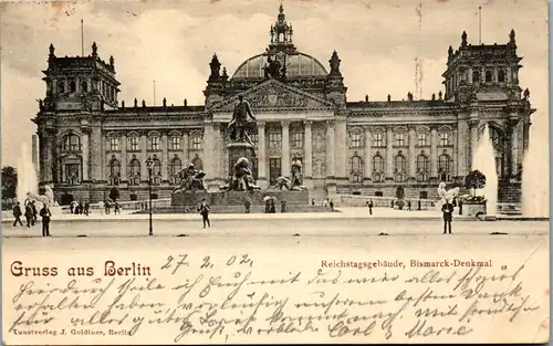 44223 - Deutschland - Berlin , Gruss aus , Reichstagsgebäude , Bismarck Denkmal - gelaufen 1902