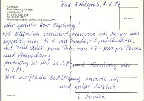 44360 - Deutschland - Bad Kohlgrub , Kohlerhof , Fam. Nikolaus Onnich - nicht gelaufen 1987