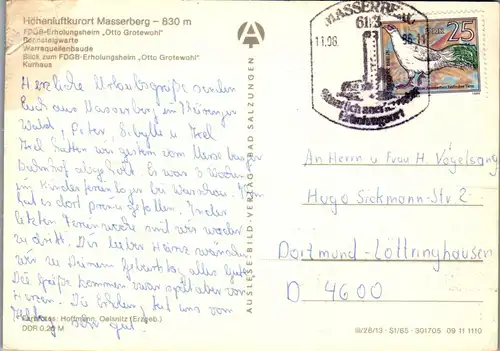 44398 - Deutschland - Masserberg , Thüringer Wald , Mehrbildkarte , FDGB Erholungsheim - gelaufen 1986