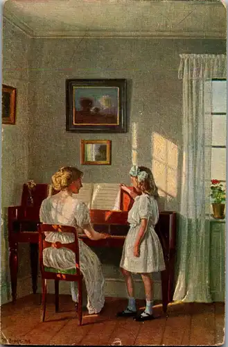 44489 - Künstlerkarte - Dänische Kunst , signiert Alfred Broge , Erster Unterricht - gelaufen 1917