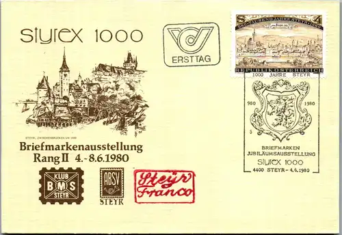 44569 - Österreich - FDC , Ersttag , Styrex 1000 , Briefmarkenausstellung Rang II - nicht gelaufen 1980