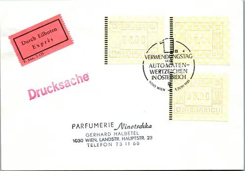 44571 - Österreich - Automatenmarke , Durch Eilboten , Drucksache , Parfumerie Ninotschka Wien - nicht gelaufen 1983