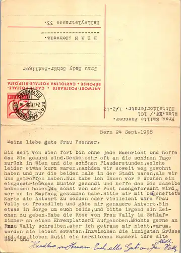 44576 - Schweiz - Ganzsache , Bern - Wien , Antwortkarte , Antwort Postkarte - gelaufen 1958