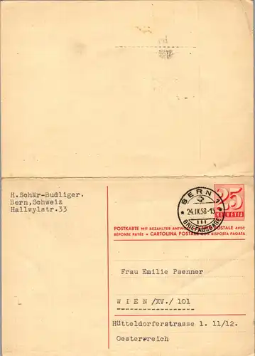 44576 - Schweiz - Ganzsache , Bern - Wien , Antwortkarte , Antwort Postkarte - gelaufen 1958