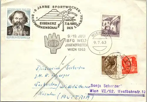 44584 - Österreich - Brief , Sportwochen Eisenerz , IBFG Jugendtreffen zus. Italien Frankatur - gelaufen 1963