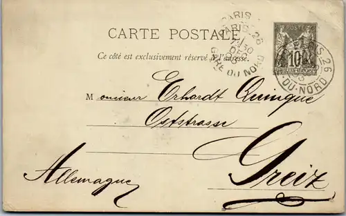 44593 - Frankreich - Postkarte , Ganzsache , Paris - Greiz - gelaufen 1893