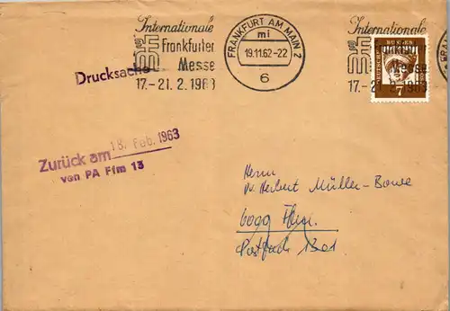 44597 - Deutschland - Brief , Drucksache , Zurück , Bundeslandmannschaft , mit Inhalt - gelaufen 1963
