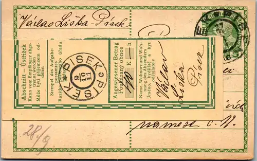 44607 - Tschechien - Ganzsache , Pisek , Abholschein , Abschnitt - gelaufen 1911
