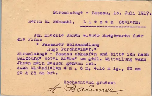 44614 - Deutschland - Königreich Bayern , Passauer Holzhandlung , Holzhandlung - gelaufen 1917