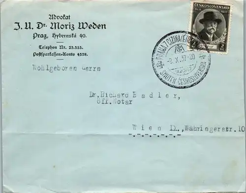 44629 - Tschechoslowakei - Brief , Prag - Wien - gelaufen 1937