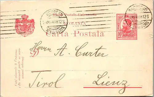 44658 - Rumänien - Ganzsache , Bukarest - Lienz Tirol - gelaufen 1908