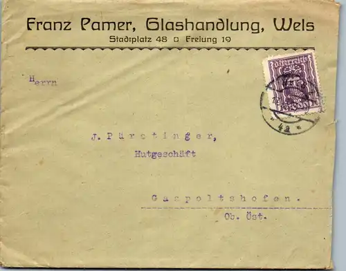 44659 - Österreich - Brief , Franz Pamer Glashandlung Wels , Gaspoltshofen - gelaufen 1923