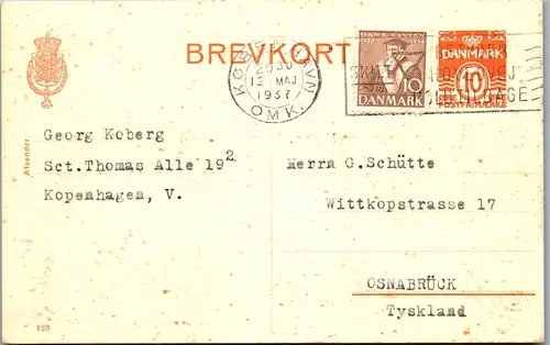 44664 - Dänemark - Ganzsache , Kopenhagen - Osnabrück - gelaufen 1937