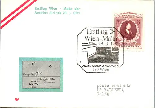 44716 - Österreich - Maximumkarte , Erstflug Wien - Malta Austrian Airlines - nicht gelaufen 1981