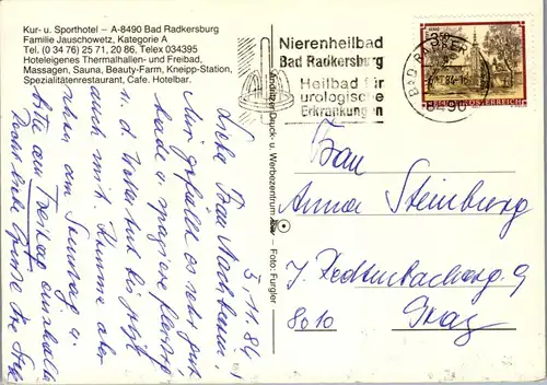 44761 - Steiermark - Bad Radkersburg , Kurhotel Fam. Jauschowetz , Hotel - gelaufen 1984