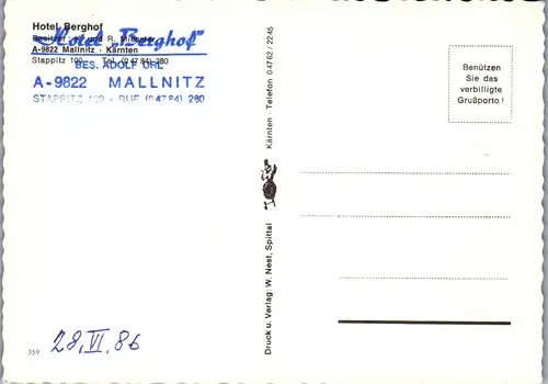 44854 - Kärnten - Mallnitz , Hotel Berghof , Adolf Url - nicht gelaufen 1986