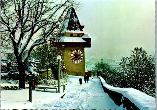 44915 - Steiermark - Graz , Uhrturm mit Blick zur Stadt , Winter , Winterlandschaft - nicht gelaufen