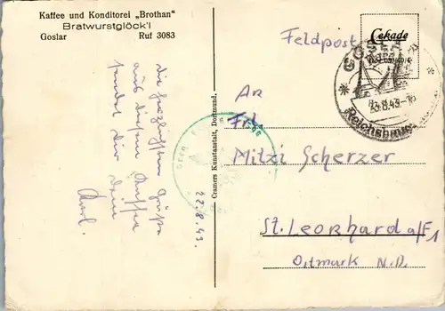 45178 - Deutschland - Goslar , Kaffee und Konditorei Brothan , Bratwurstglöckl , Feldpost - gelaufen 1943