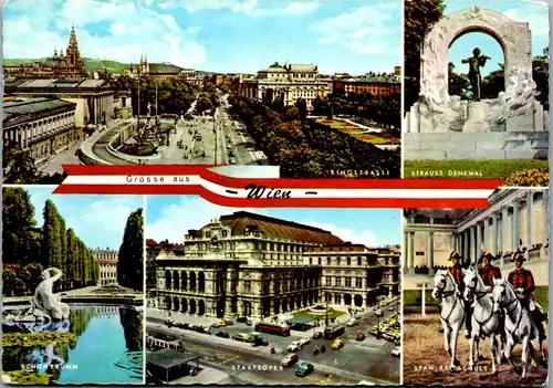 45221 - Wien - Ringstraße , Staatsoper , Strauss Denmal , Mehrbildkarte - gelaufen 1975