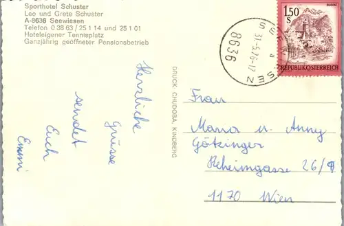 45236 - Steiermark - Seewiesen , Hotel Schuster , Leo u. Grete Schuster - gelaufen 1976