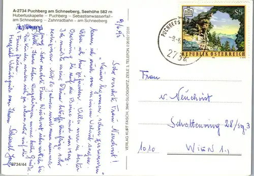 45276 - Niederösterreich - Puchberg , Schneeberg , Hubertuskapelle , Zahnradbahn , Sebastianwasserfall - gel. 1993