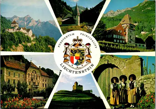 45287 - Liechtenstein - Staatswappen , Schloß Vaduz , Kapelle Steg , Regierung , Gutenberg , Tracht , 1973