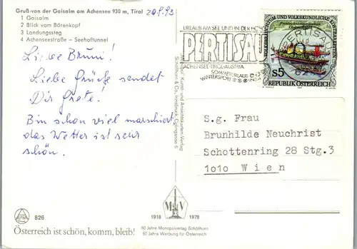 45298 - Tirol - Geisalm , Achensee , Blick vom Bärenkopf , Achenseestraße , Seehoftunnel - gelaufen 1993