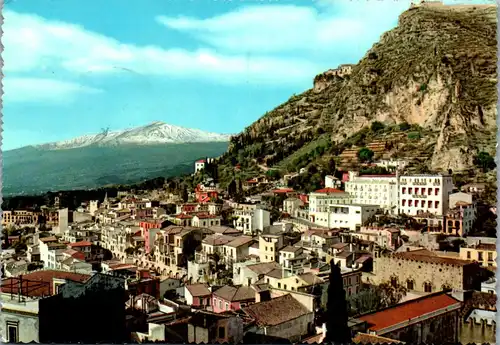 45435 - Italien - Taormina , Panorama con Grand Hotel Imperiale , l. beschädigt - gelaufen 1950