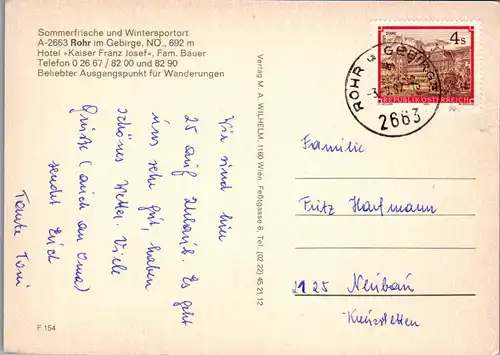 45492 - Niederösterreich - Rohr im Gebirge , Hotel Kaiser Franz Josef , Fam. Bauer - gelaufen 1987