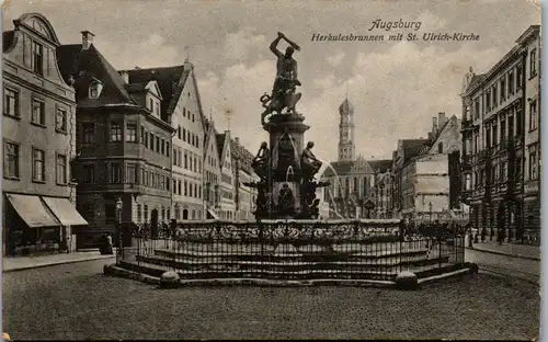 45677 - Deutschland - Augsburg , Herkulesbrunnen mit St. Ulrich Kirche - nicht gelaufen