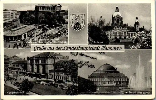 45784 - Deutschland - Hannover , Hauptbahnhof , Stadthallengarten , Blick vom Europahaus , Cafe Kröpcke - gelaufen 1959