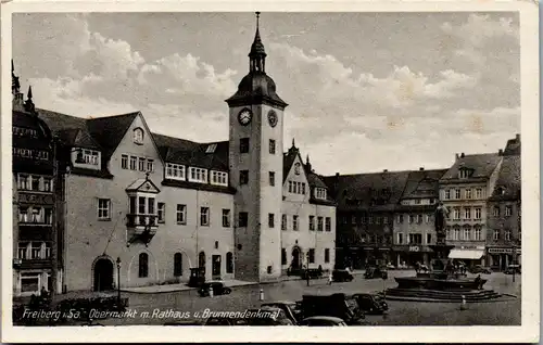 45852 - Deutschland - Freiberg i. Sa. , Obermarkt mit Rathaus u. Brunnendenkmal - gelaufen 1954