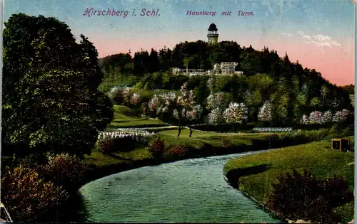 45994 - Schlesien - Hirschberg , Jelenia Gora , Hausberg mit Turm , Kaiserturm - gelaufen 1923
