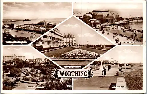 46001 - Großbritannien - Worthing , Bandstand and Pier , Marine Gardens , New Promenade - gelaufen 1951