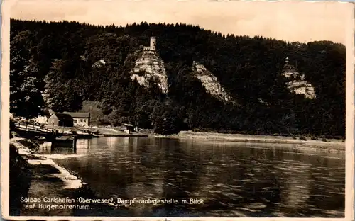 46082 - Deutschland - Bad Karlshafen , Carlshafen , Solbad , Dampferanlegestelle Blick a. Hugenottenturm - gel. 1951