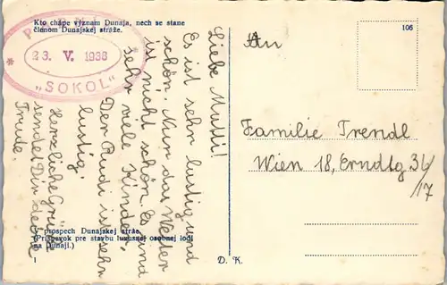 46100 - Slowakei - Bratislava , Dampfer Sokol - gelaufen 1938