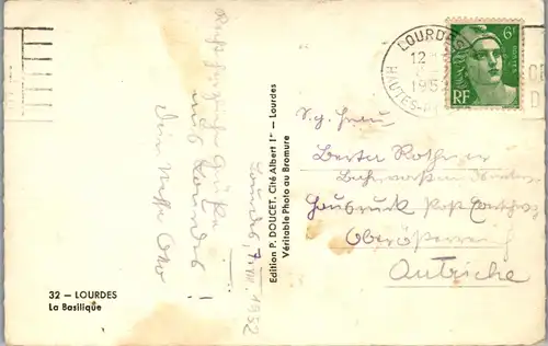 46110 - Frankreich - Lourdes , La Basilique - gelaufen 1952