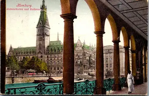 46163 - Deutschland - Hamburg , Alsterarkaden und Rathaus - gelaufen 1925