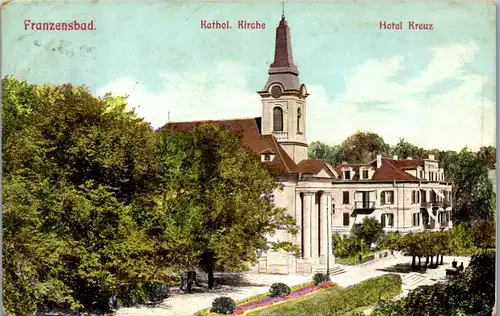46214 - Tschechien - Franzensbad , Katholische Kirche , Hotel Kreuz - gelaufen 1908
