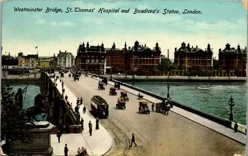 46295 - Großbritannien - London , Westminster Bridge St. Thomas Hospital and Boadicea's Statue - gelaufen