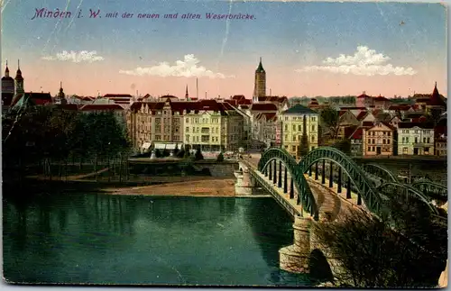 46355 - Deutschland - Minden i. W. , mit der neuen und alten Weserbrücke - gelaufen 1917