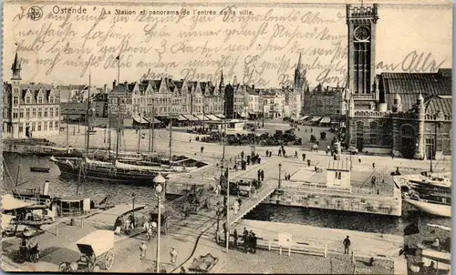 46473 - Belgien - Oostende , La Station et panorama de l'entrée de la Ville - gelaufen 1915