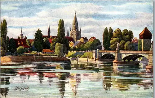 46547 - Deutschland - Konstanz , Rheinbrücke , Rheintorturm u. Münster , signiert V. Marschall - nicht gelaufen