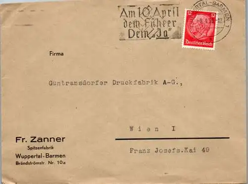 46647 - Deutschland - Wuppertal Barmen , Fr. Zanner Spitzenfabrik - Guntramsdorfer Druckfabrik AG - gelaufen 1938